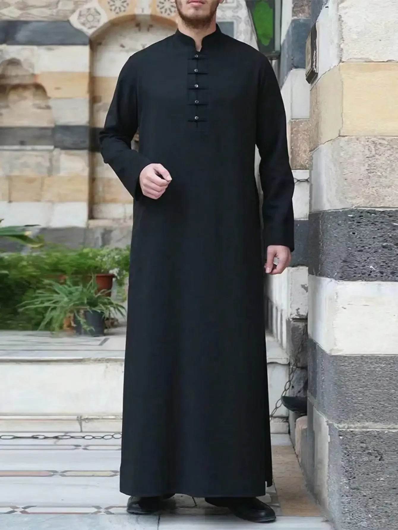 Muslim men's robe long-sleeved ethnic style embroidered stand collar Arabic clothing men's Islamic casual robe - AIAZ