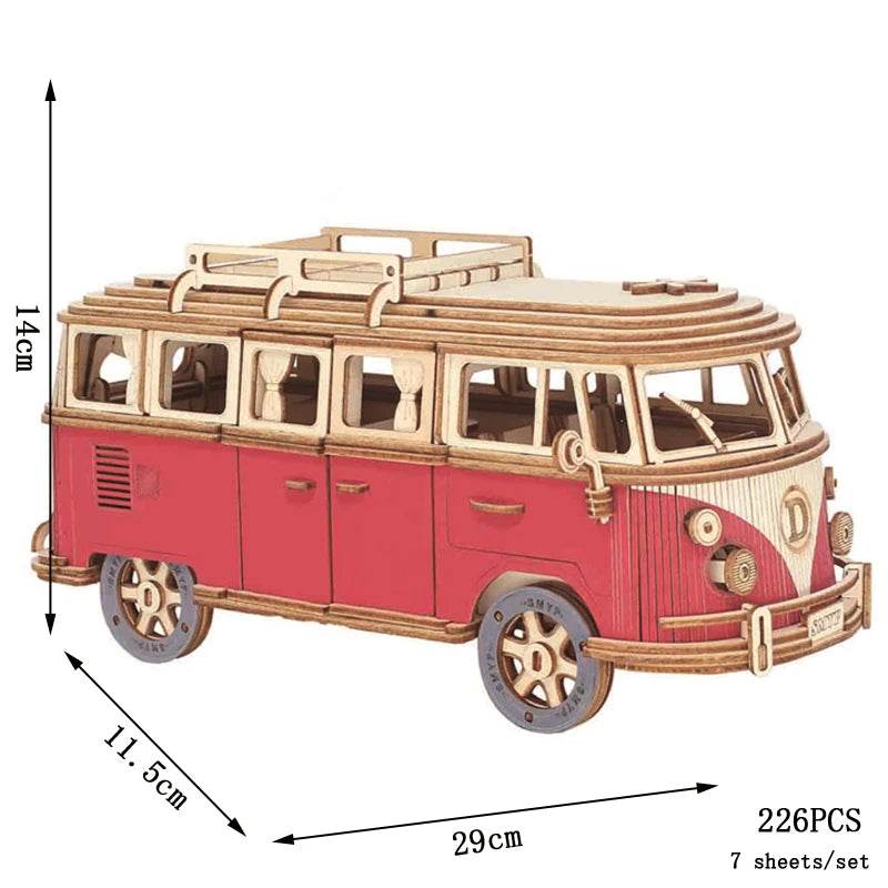 Retro Bus European-style Campervan 3D Wooden Car Puzzle DIY Sailing Ship Airplane Building House Model Jigsaw Toys For Children - AIAZ