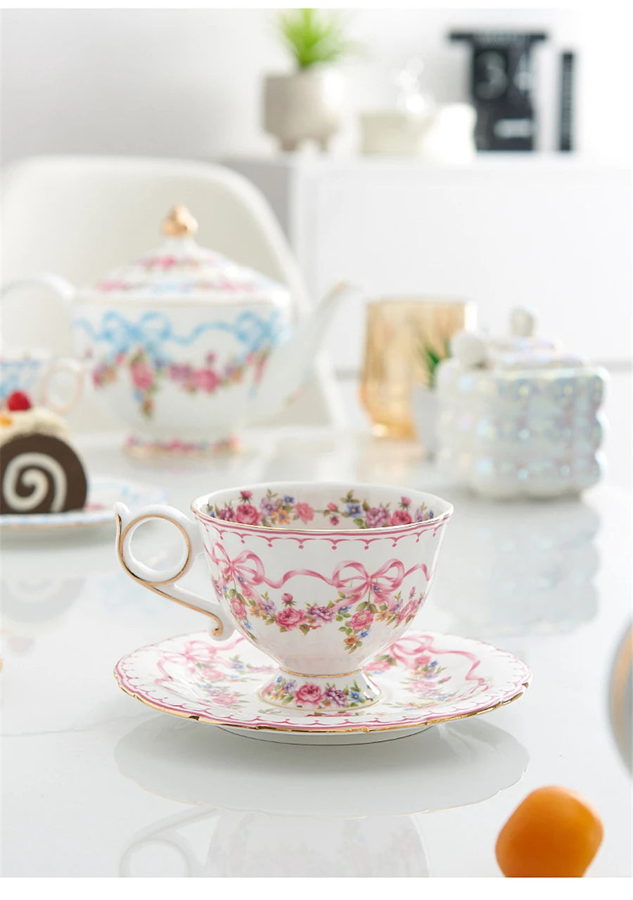 Ceramic Cup and Saucer Retro Bone China Coffee Cup French Romantic Elegant Floral Bow Afternoon Tea Drinkware Handmade Teapot