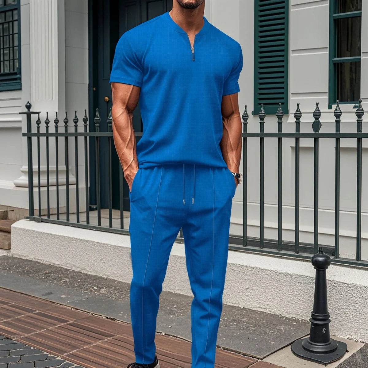 2025 Men's new summer suit Waffle collar solid color zipper short sleeve pants suit fashion casual loose sportswear - AIAZ