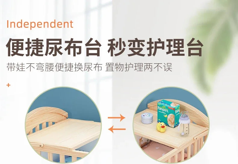 Baby Crib Multifunctional BB Baby Crib Solid Wood Unpainted Cradle Bed Movable Newborn Children Splicing Large Bed