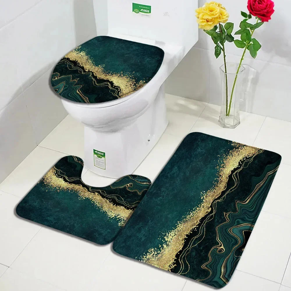 Abstract Marble Bath Mat Sets Modern Geometric Gold Lines Blue Texture Pattern Bathroom Decor Carpet Non-Slip Rugs Toilet Cover