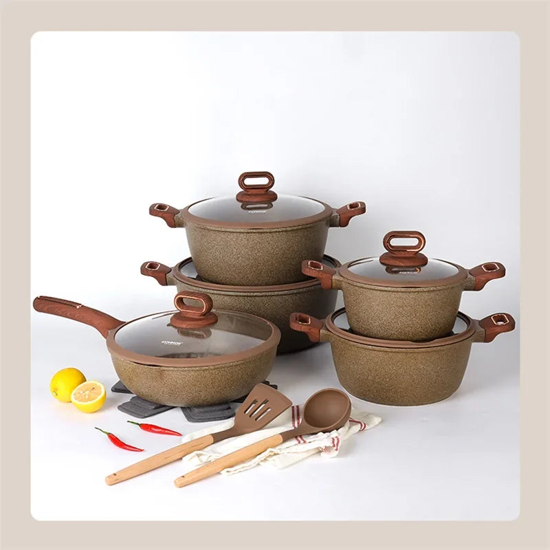 DONNOR 16Pcs/set Pot Set Home Nonstick Beef Steak Frying Pan Stewed Pot with Silicone Spatula and Glass Lid Kitchen Cookware Set