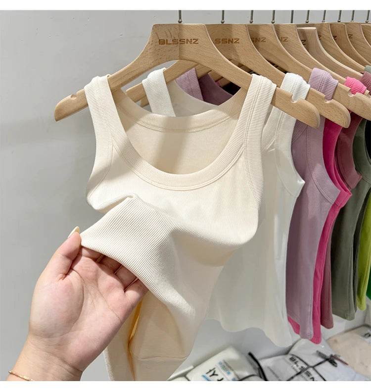 Women Solid Round Neck Ribbed Tank Top Camisole Women 2025 Summer Basic Elastic Tank Top O Neck Solid Tank Top - AIAZ