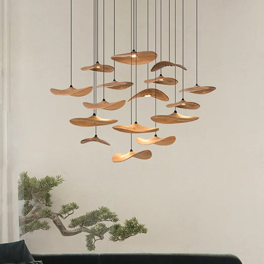Japanese Lotus Leaf Chandelier Wabi Sabi Solid Wood Lamp Living Dining Room Zen Tearoom Villa Duplex Kitchen Island Linear Light