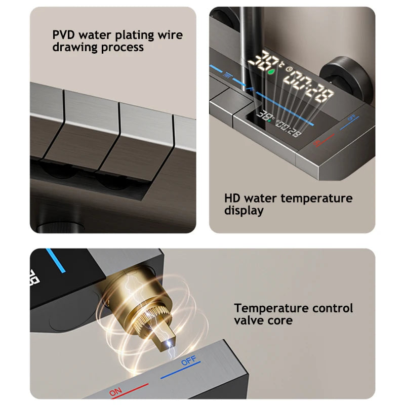 Bathroom Shower Full Set Gray Digital Display Shower System Set  Piano Button With Ambient Light Faucets Shower Head