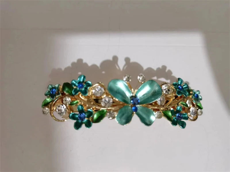 Red Crystal Flower Bow Spring Hairpin Vintage Ink Blue Rhinestone Horizontal Clip Top Clip Elegant Mom Fashion Hairpin Korean