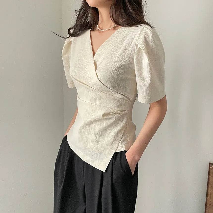Women Blouse 2025 Spring Summer Solid Tucked V Neck Slim Blouse Elegant Short Sleeve Asymmetrical Top For Women Hot Sale - AIAZ
