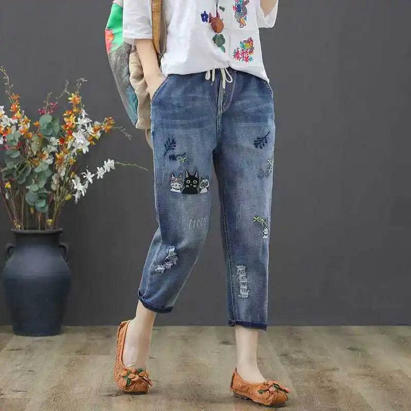 Womens Vintage Floral Loose Denim Pants 2025 Spring Chinese Style Casual Ripped Blue Jeans Holes Elastic Harem Trousers - AIAZ
