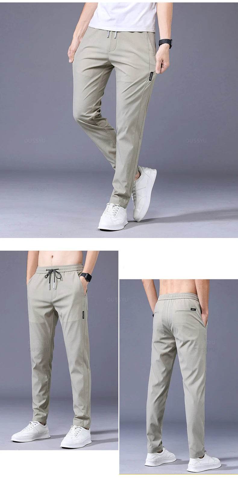 2025 Men's Trousers Spring Summer New Thin Green Solid Color Fashion Pocket Applique Full Length Casual Work Pants Pantalon - AIAZ
