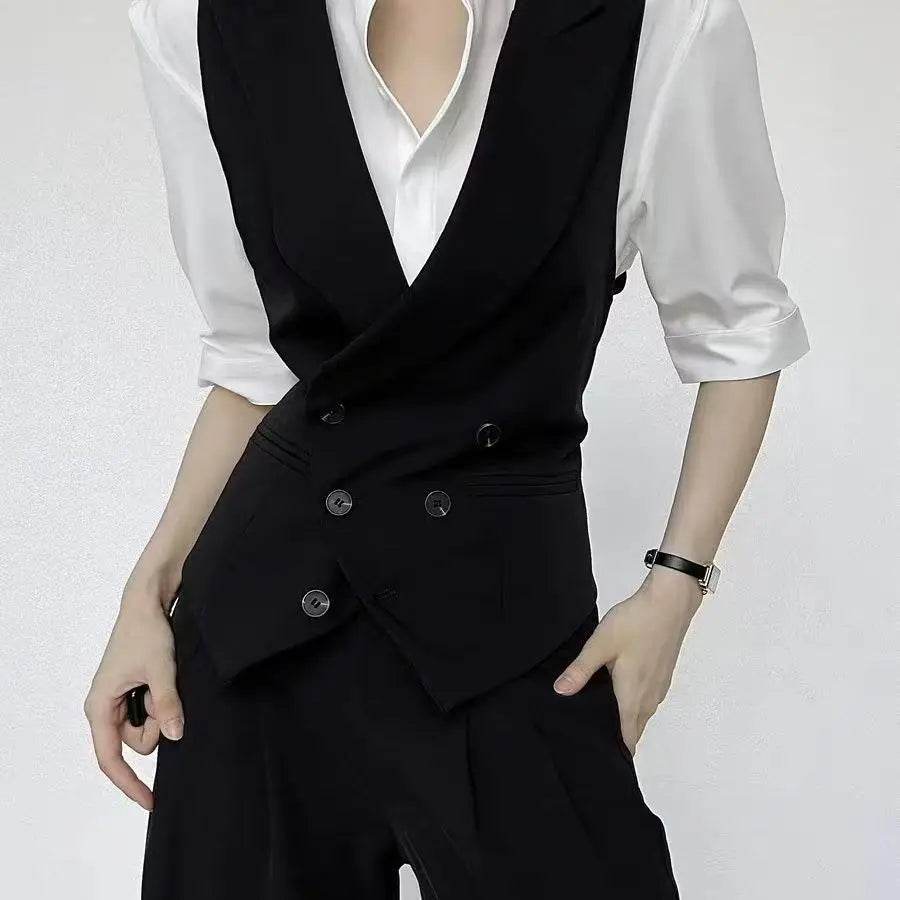 Black suit vest, cool stylish, unisex, high-end, gun collar, slim fit vest for women tank top ropa de hombre sleeveless top - AIAZ