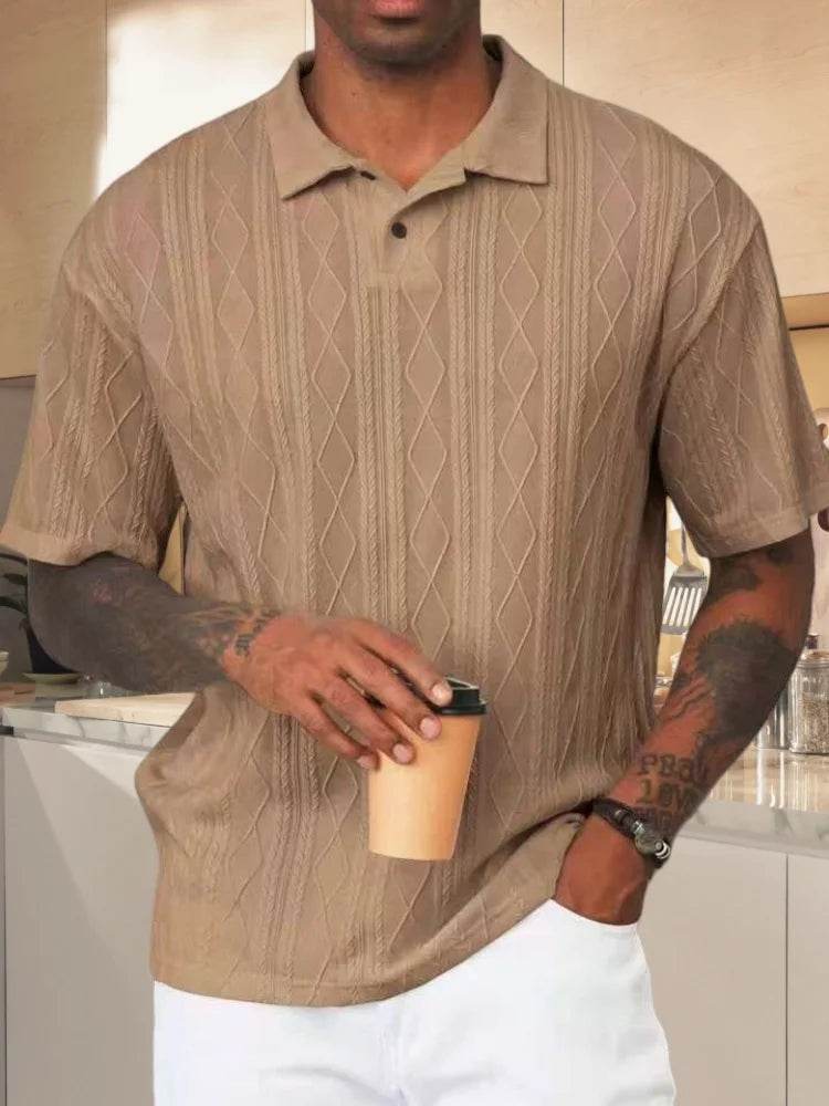 Men's 2025 retro loose texture knitted polo shirt with a lapel breathable high street casual fashion and comfortable short-sleev - AIAZ