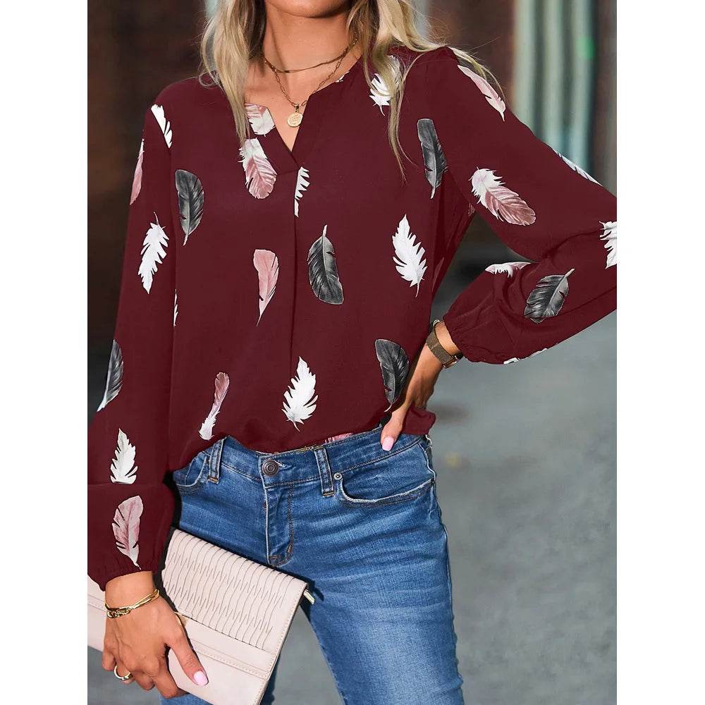 Fashion Woman Blouse Shirts For Women Stylish Top long Sleeve Feather Pattern Female Tops Elegant Chiffon Mujer Woman Clothes - AIAZ