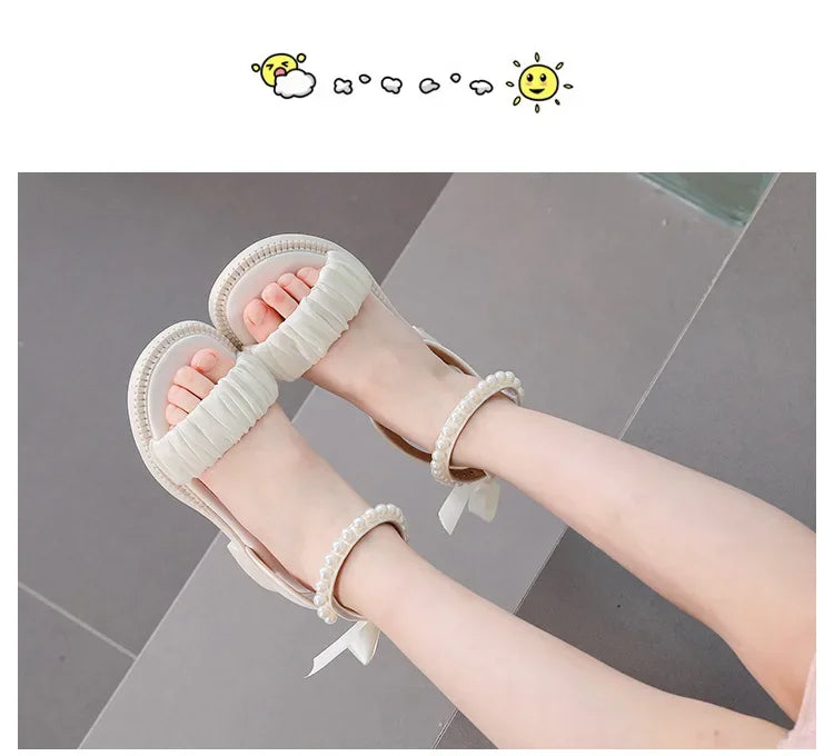 Children's Sandals Summer Elegant Girl Princess Dress Bowtie Sandals Fashion Beading Ankle Strap Kids Causal Sweet Roman Sandals
