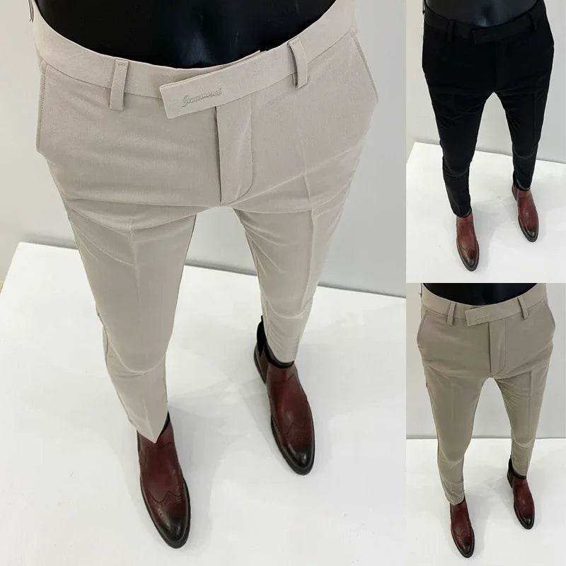 Men Suit Pants Formal Trousers Pantalone Hombre Stretch Slim Solid Color Casual Dress Full Length Pants Fashion New Men Clothing - AIAZ