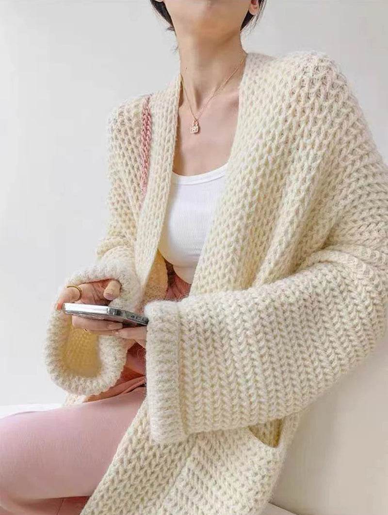 Korean Cardigan Sweater for Women Autumn Winter Loose Lazy Style Female Midi Knit Coats Fashion V Neck Casual Big Pocket Jumpers - AIAZ