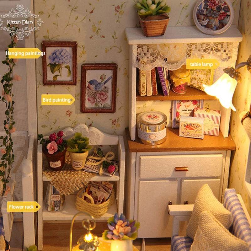 Kitten Mini Doll House 3D Puzzle Assembly Model Building Kit Creative Room Bedroom Decoration With Furniture Wooden Crafts Gifts - AIAZ