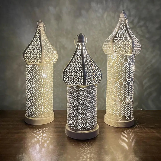 35CM White Hollow Led Wind Lamp Morocco Style Night Light Luminous Iron Lantern Home Living Room Decorative Lamp Ornaments