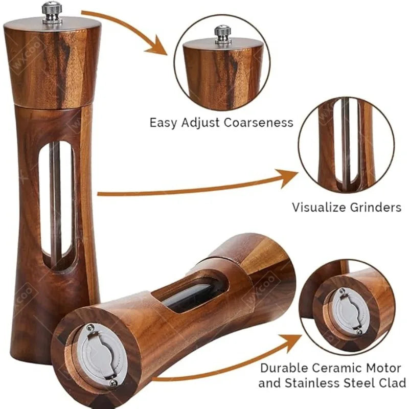 Wood Pepper Grinder Shaker Adjustable Ceramic Core Grinding Bottle with Base Wood Salt Pepper Mills for Kitchen Cooking BBQ