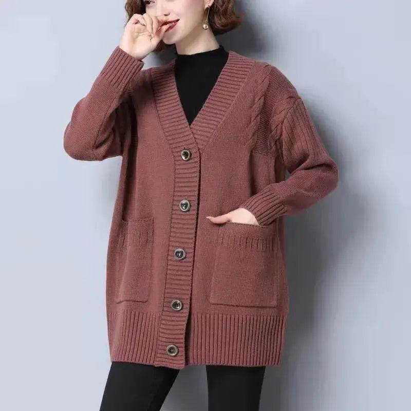 Knitted cardigan women's mid length westernized top autumn and winter new Korean version loose sweater age reducing jacket women - AIAZ