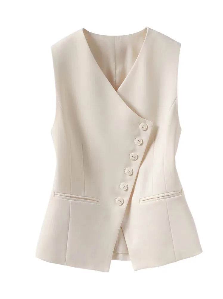 Vest Tops Women Vests V Neck Sleeveless Coats Single Breasted Slim High Waist Coat Y2k Streetwear Elegant Work Off White Jackets - AIAZ