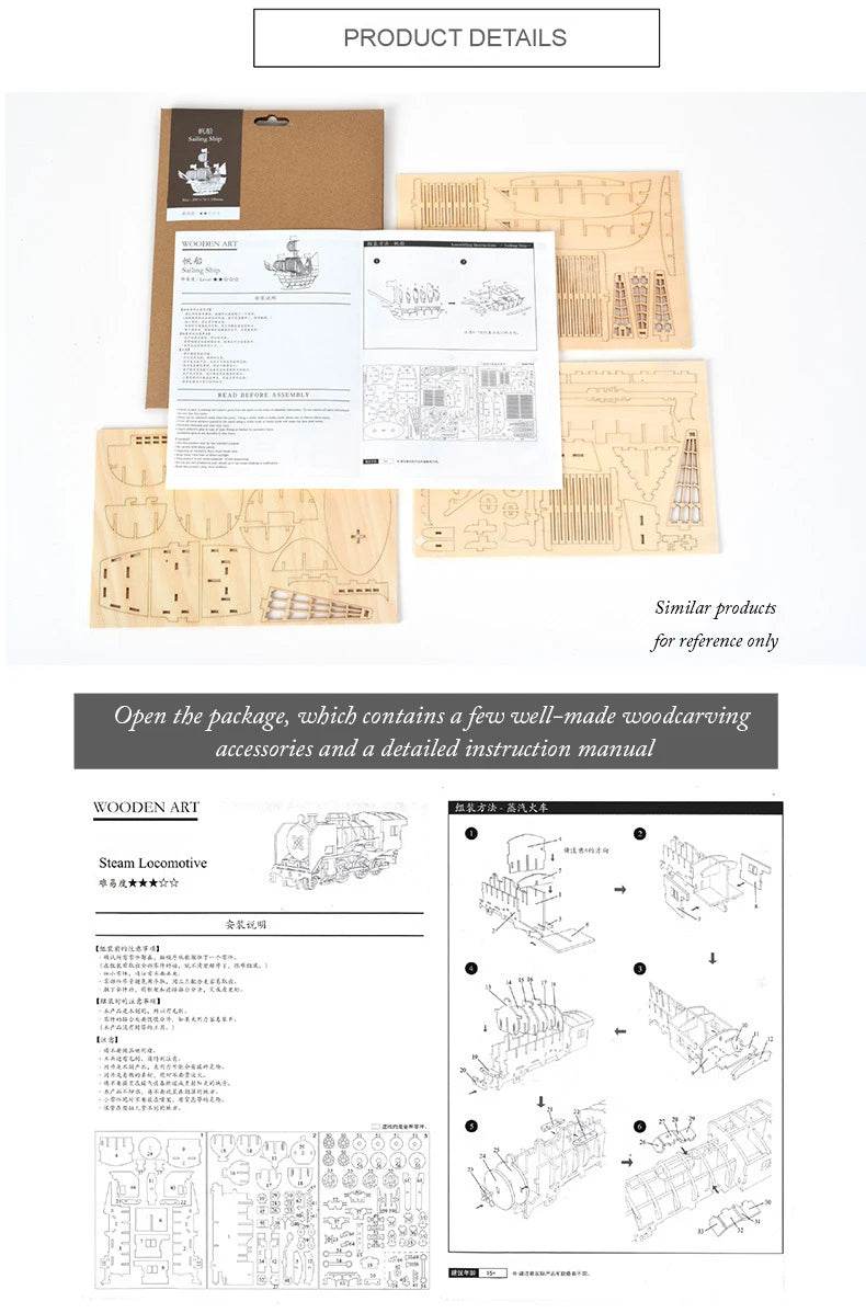 Diy 3d wooden puzzle for Assembly Puzzle Laser Cutting Sailing Ship Biplane Steam Locomotive Train Toy diy Kit for adults Child - AIAZ