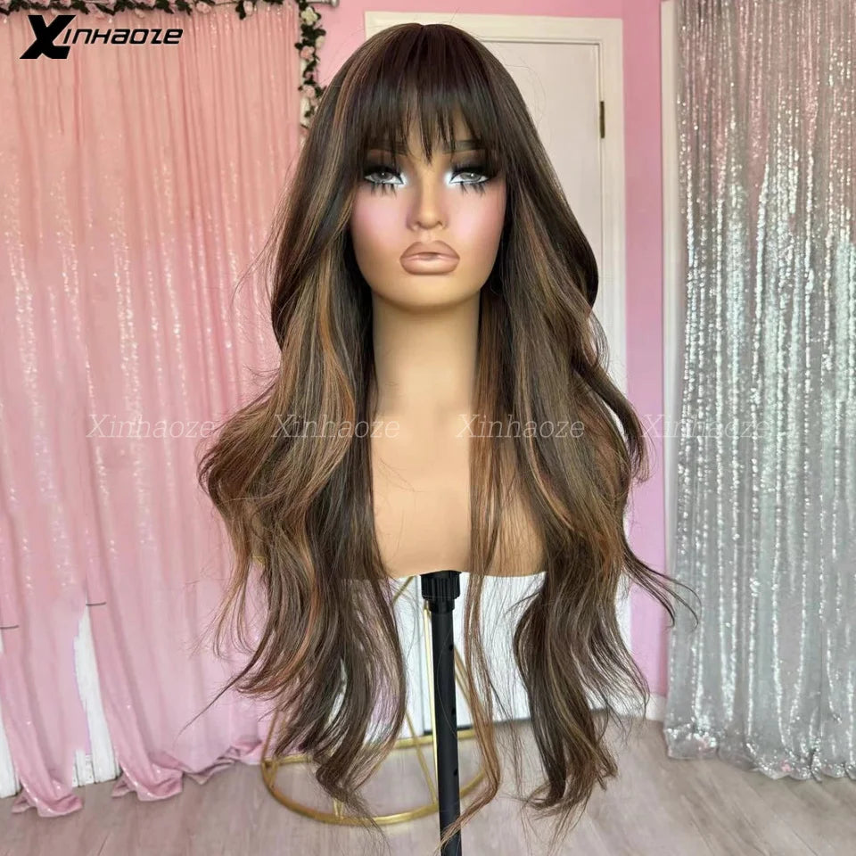 Highlight Brown Blonde Glueless Wig Human Hair With Bangs Bleached Knots 13x6/13x4 Natural Wave Lace Front Wig For Women PreCut