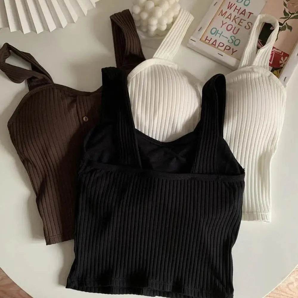 Women's Ribbed Tank Tops Y2K Cropped Tops with Bra Pads Knitted Button Down Suspenders Vest Sexy Camisole Female Short Tops - AIAZ