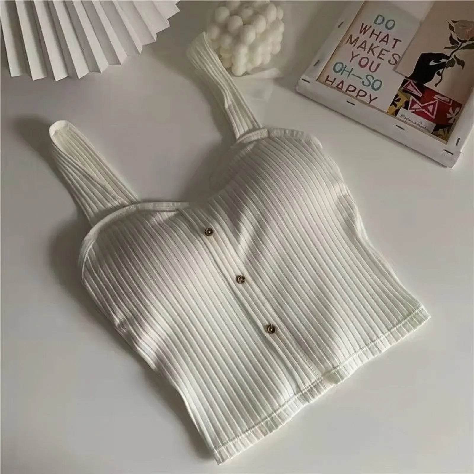 Women's Cropped Tops with Bra Pads Summer Corset Korean Suspenders Vest Sexy Camisole Slim - AIAZ