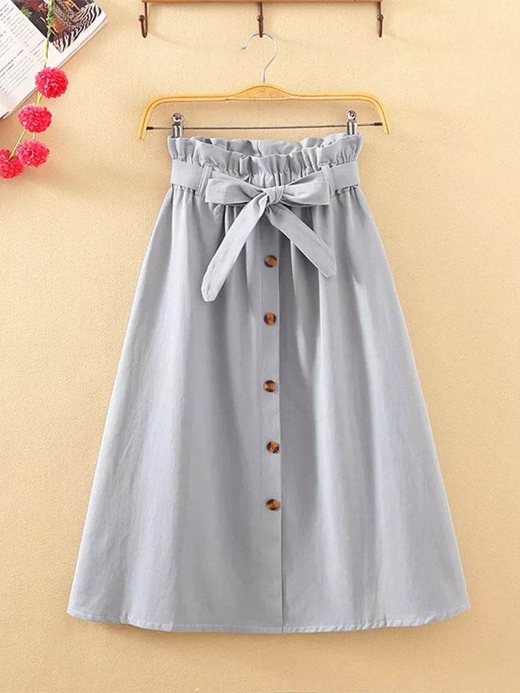 Summer Autumn Skirts Womens Midi Knee Length Korean Elegant Button High Waist Skirt Female Pleated School Skirt - AIAZ