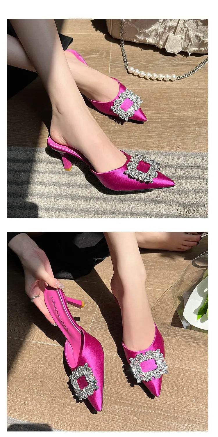 Women Sandals Summer New Slippers Pointed Toe Slingback Mules Shoes Woman Fashion Rhinestone Ladies High Heels Sexy Party Pumps - AIAZ