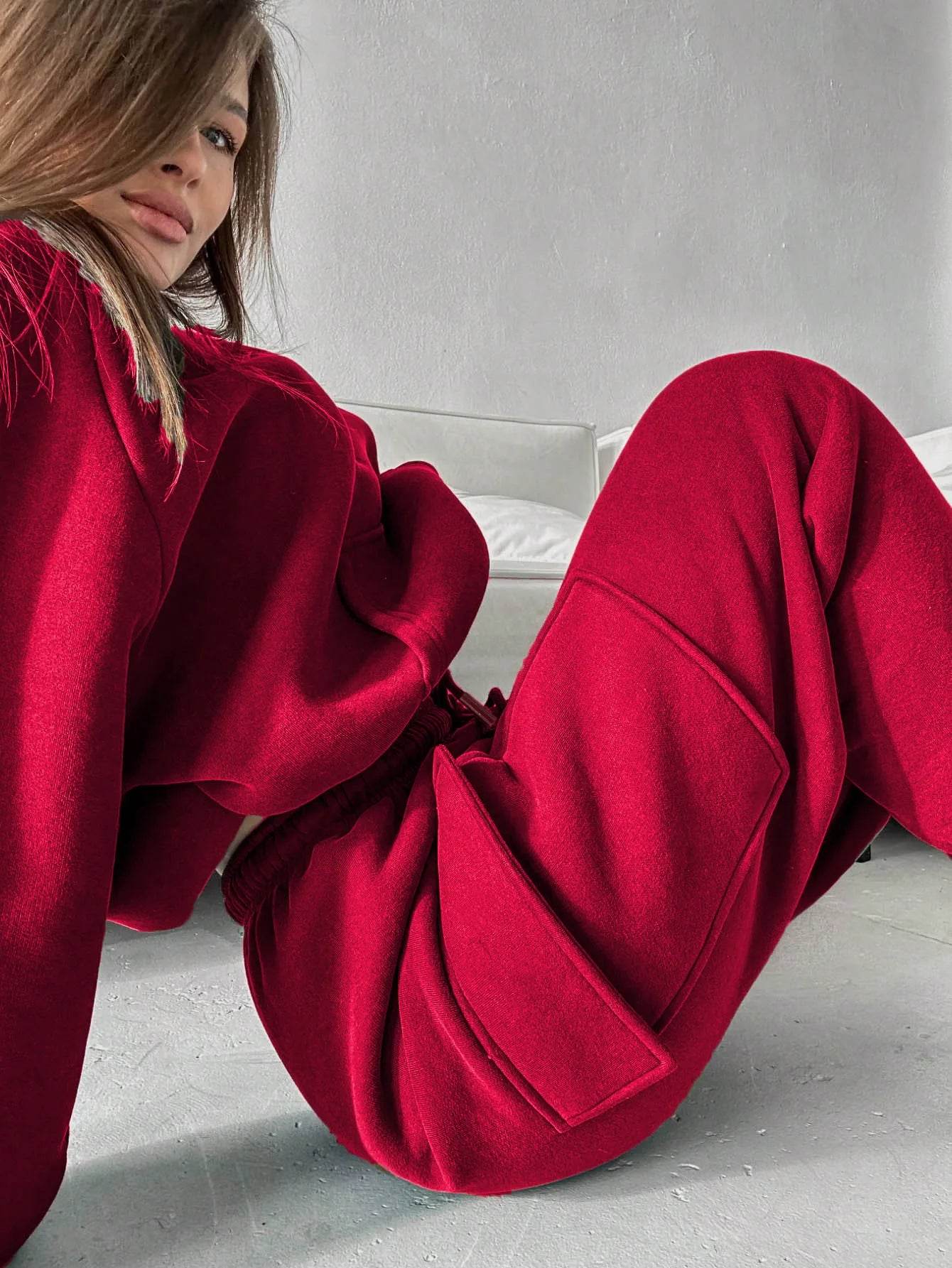 Hoodies Suit Winter Autumn Solid Casual Tracksuit Women Fleece 2 Pieces Set Sports Sweatshirts Pullover Jogger Sweatpants Outfit - AIAZ