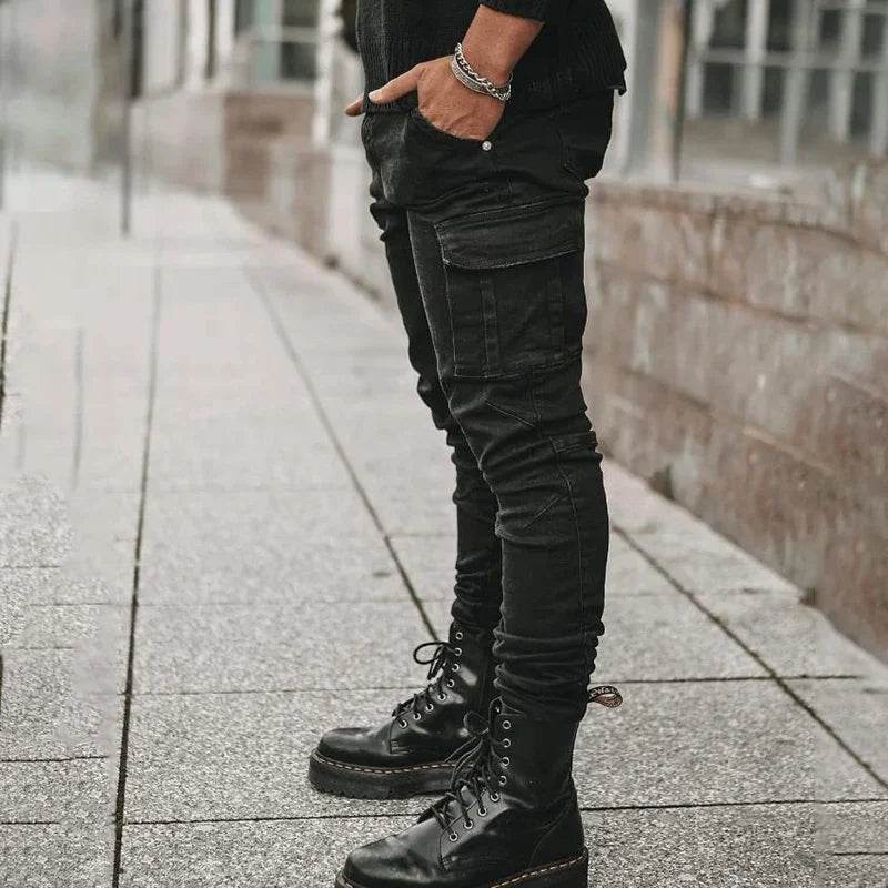 Men Street Elastic Denim Jeans Wash Solid Color Multi Pockets Cargo Pants Casual Slim Fit Daily Wear Joggers Mid Waist Trousers - AIAZ