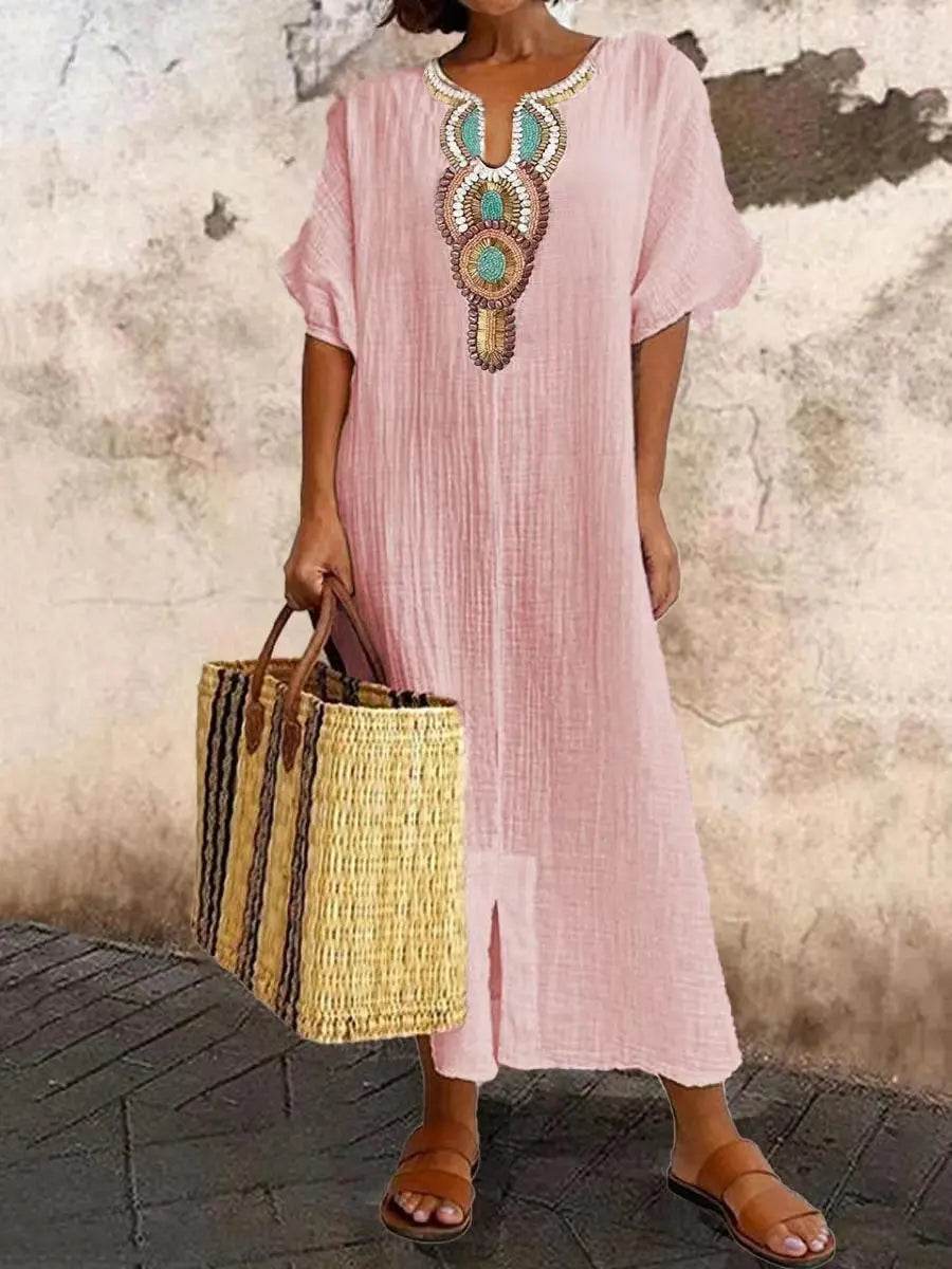 Boho Vintage Embroidered Cotton Linen Long Dresses Women Summer 2025 New V Neck Split Hem White Dress Beach Party Dress Robe - AIAZ