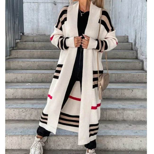 Women Sweater Spring Autumn Cardigan Coats Casual Stripes Knitted Cardigan Clothes Women Oversized Cardigan Long Sweater Coat - AIAZ