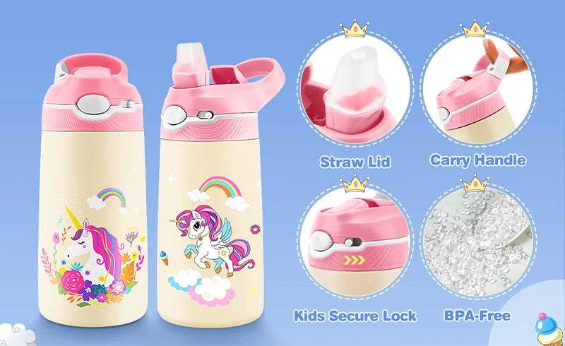 400ML Water Bottle for Children,Thermos With Cute Pattern,Children Thermal Bottle , School Kids Water Bottle With Straw BPA Free - AIAZ