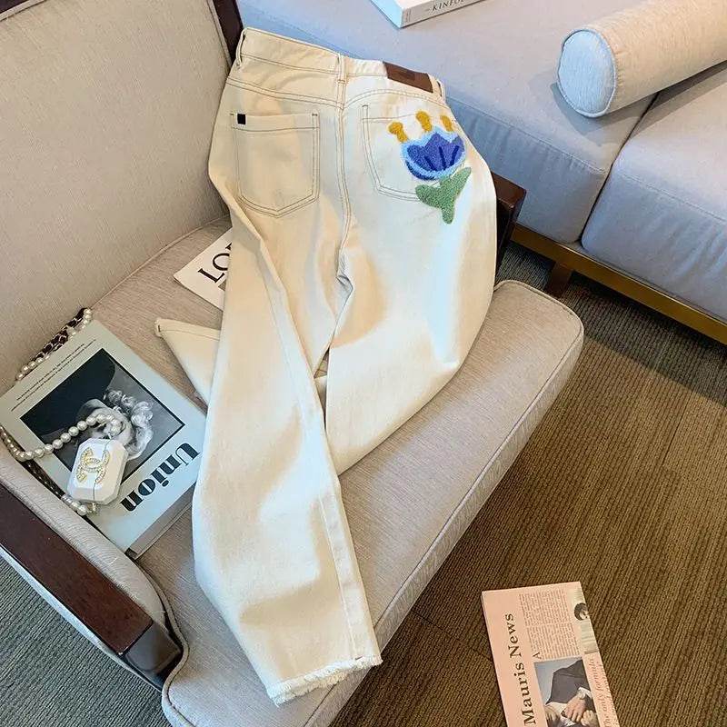 White Jeans For Women Spring High Waist Fashion Flower Design Straight Denim Pants Chic Loose Wide Leg Casual Trousers - AIAZ