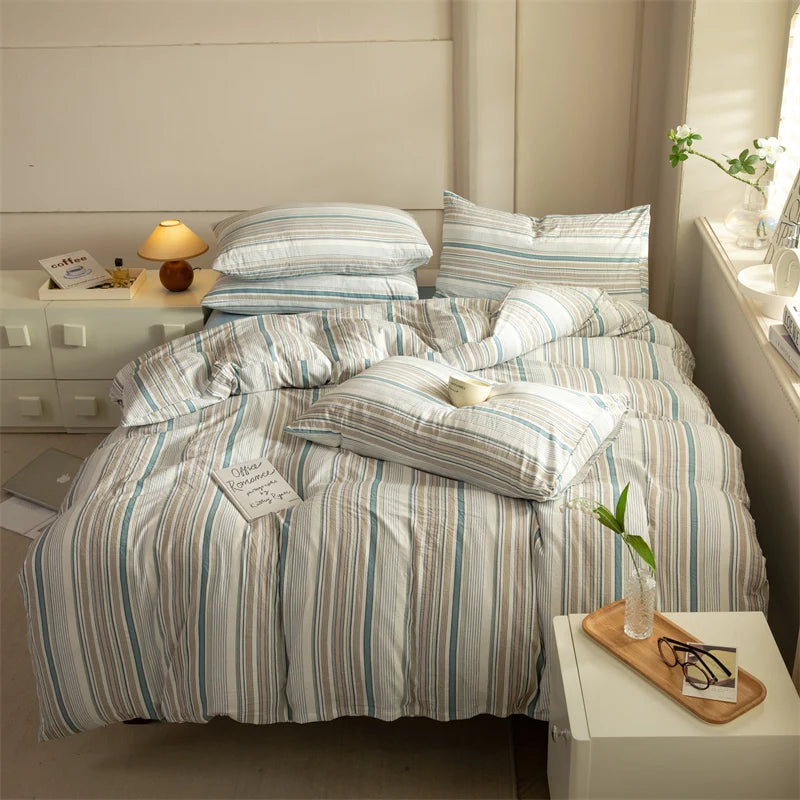 Striped Duvet Cover Set Queen 100% Washed Cotton Bedding Set, Luxury Soft Pink Vertical Ticking Stripes Comforter Cover, (3pcs)