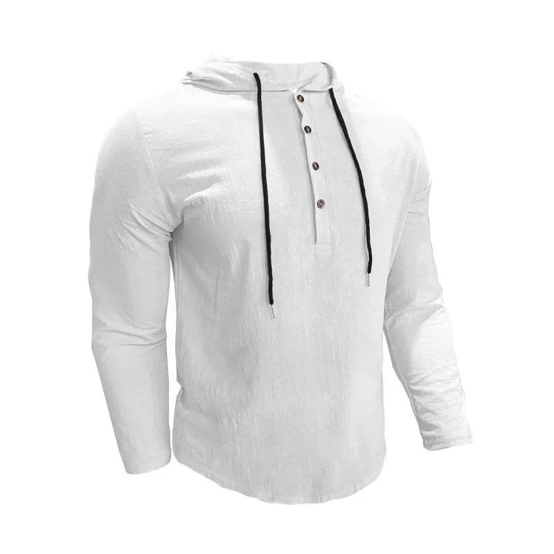 24 New cotton and linen shirts hooded loose large size casual sweater long sleeve hoodie men - AIAZ