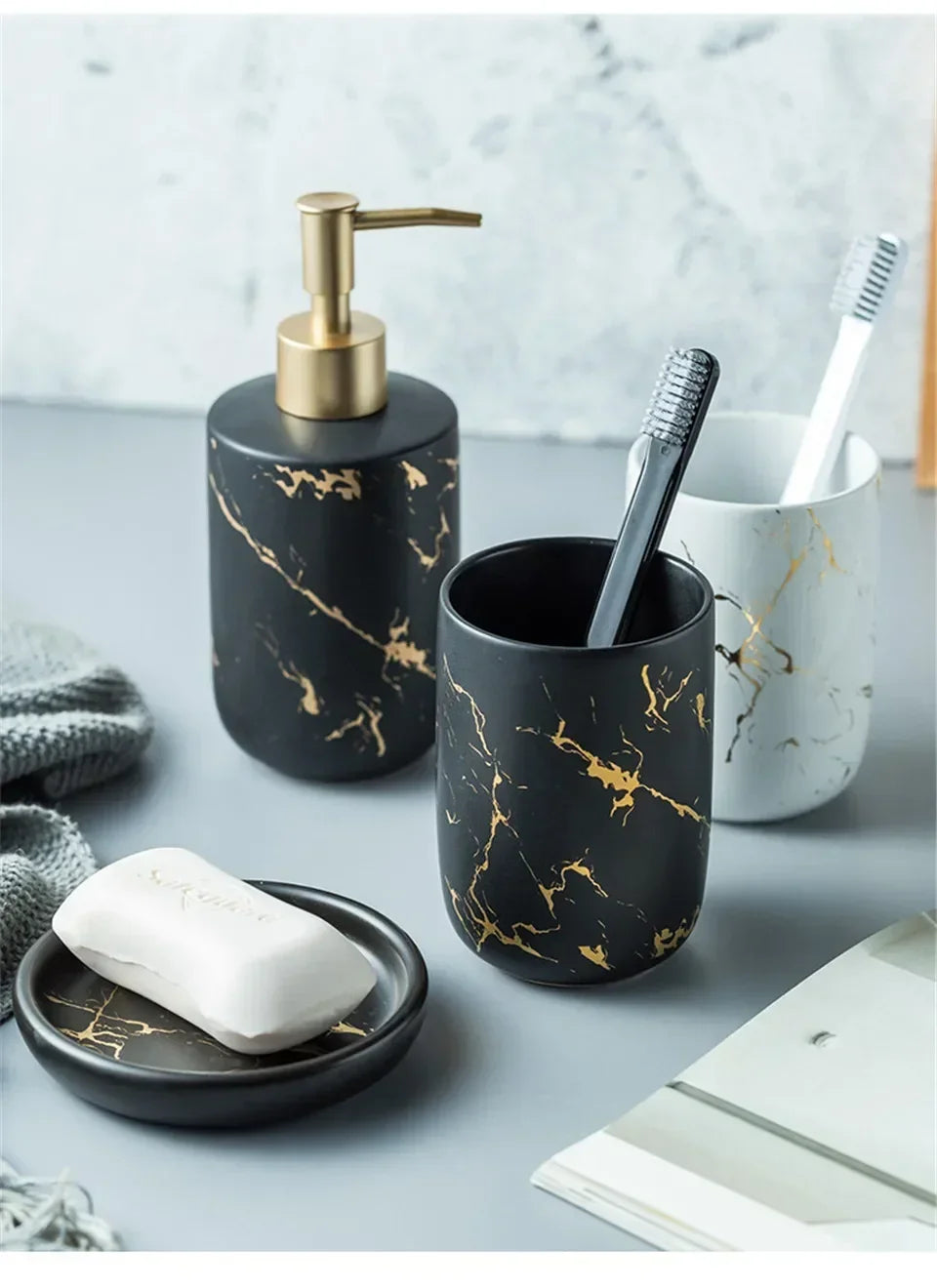 Marble Soap Dispenser Pump Bottle Ceramic Bathroom Accessory Set  Home Couple Mouthwash Cup Soap Dish Washing Tools Luxury