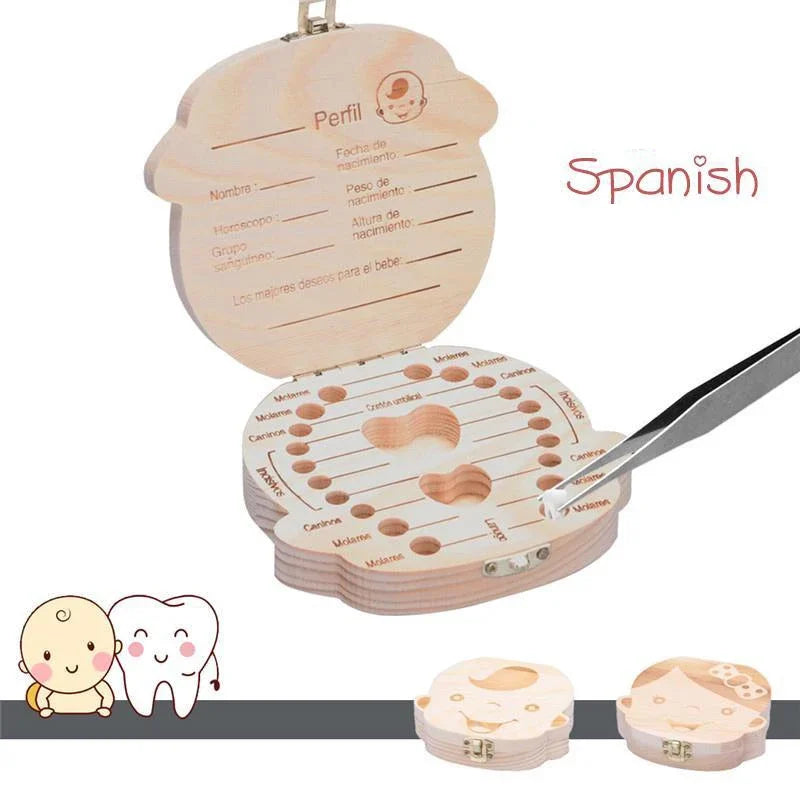 1/2pcs-Baby Tooth Box Spanish Wooden Kids Milk Teeth Organizer Storage Boys Girls Baby Souvenirs Gifts Keepsakes