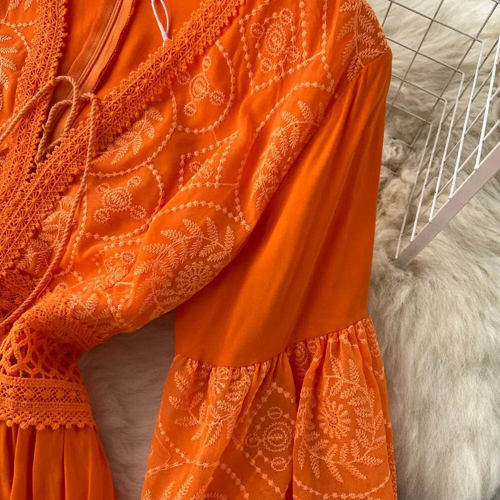 New Women Lantern Sleeved Elegant Dress Summer French Hollowed Out Mid Length Dresses Korean Style Vintage Long Dress - AIAZ