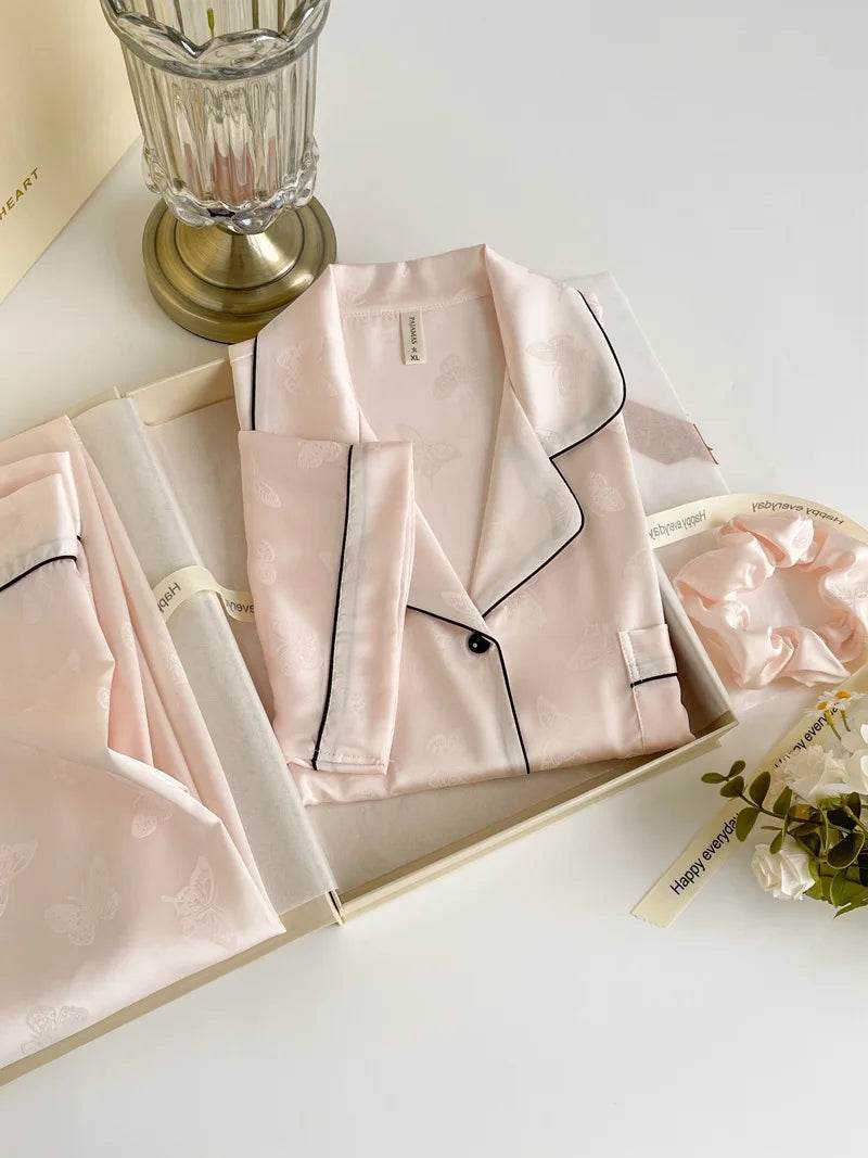 Summer Short Sleeve Pajamas Set Trouser Suits Women Sleepwear Elegant Pink Jacquard Butterfly Pyjama Pour Femme Satin Homewear - AIAZ