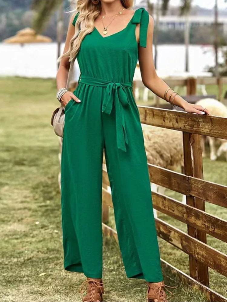 2024 Summer Women's New Commuter Style Solid Color Sexy Back V-neck Bareback Sleeveless Strap Waist Nine Part Pants Jumpsuit - AIAZ