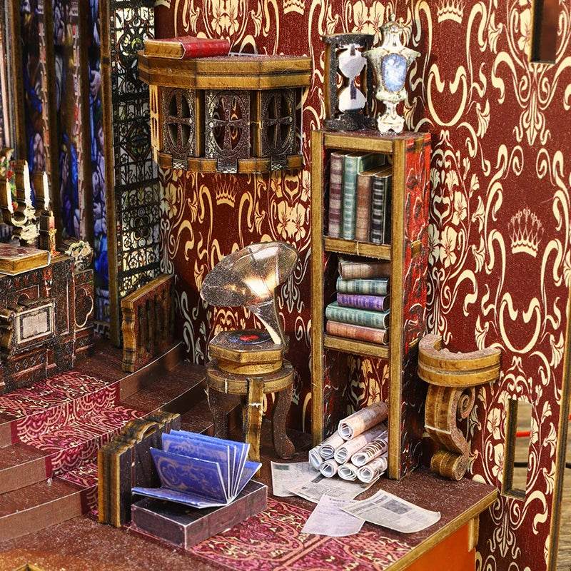 DIY Book Nook Shelf Insert Kit 3D Wooden Puzzle Doll House Assembly Building Model Bookends With Furniture LED Light Xmas Gifts - AIAZ