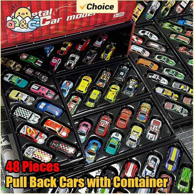48 Pieces Mini Car Set Inertia Pull Back Cars for Boys Plastic Vehicle Model with Container Collection Toy Birthday Gift for Kid - AIAZ