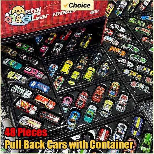 48 Pieces Mini Car Set Inertia Pull Back Cars for Boys Plastic Vehicle Model with Container Collection Toy Birthday Gift for Kid - AIAZ