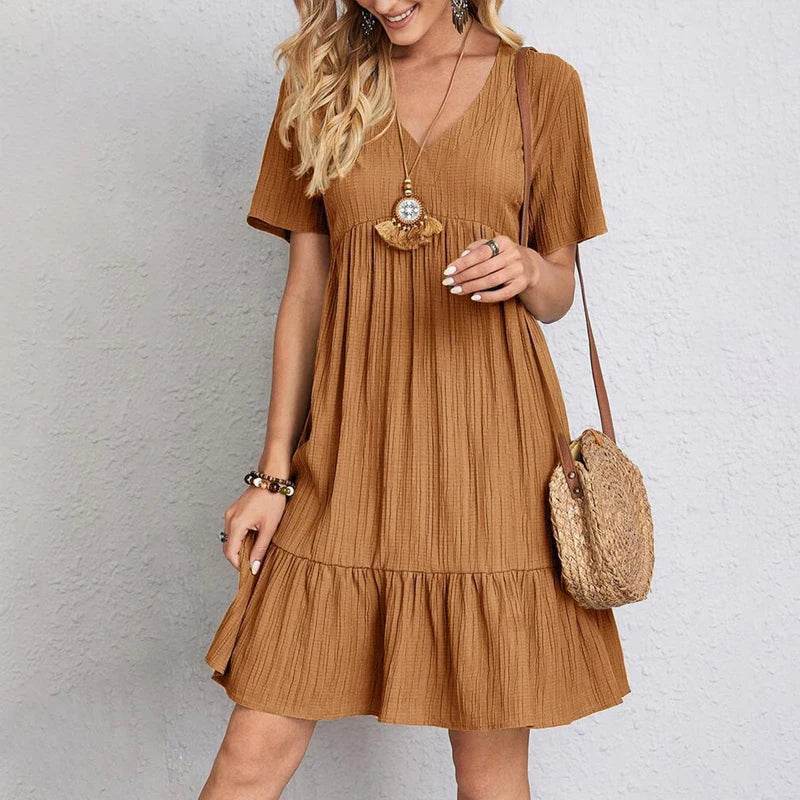 Women Mini Dress Summer Casual Solid V Neck Ruffles A-line Dress Female Fashion Holiday Boho Loose Beach Elegant Dresses Vestido - AIAZ