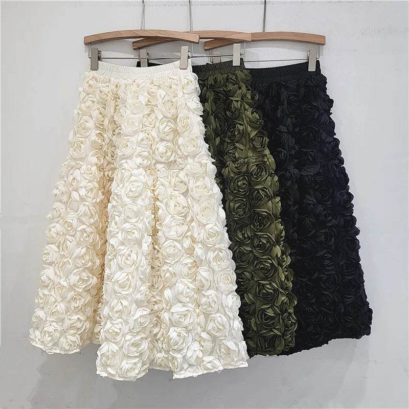 Skirt for Women 2025 Summer Versatile Three Dimensional Flower Mid-calf Skirt High Waist Big Swing Fashion A-line Long Skirts - AIAZ