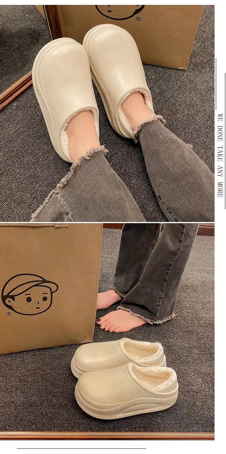 2025 Winter Men Women Warm Slipper EVA Short Plush Fur Indoor Flip Flop Non-Slip Waterproof Casual Outdoor Slipper For Couple - AIAZ